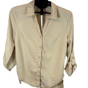 Emily Daniels Tan Linen Blend Roll Tab Sleeve Button Up Blouse Sz M Soft Natural